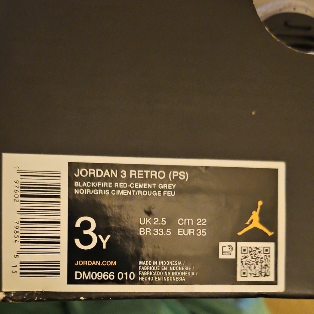 Jordan 3 Retro PS in Black Gray  and Fire Red Size Is 3Y
